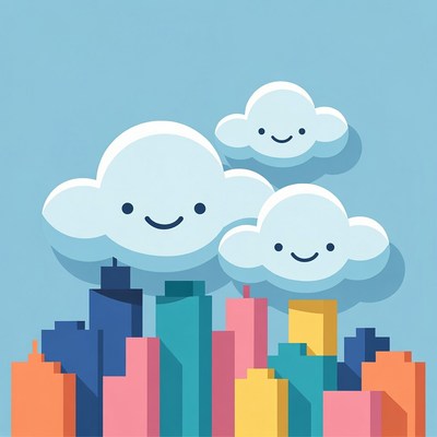 Smiling Clouds Over Colorful City Skyline