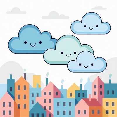 Cute Smiling Clouds Over Colorful City