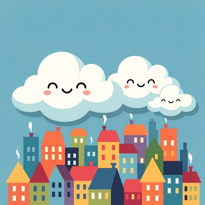 Smiling Clouds Over Colorful Cityscape