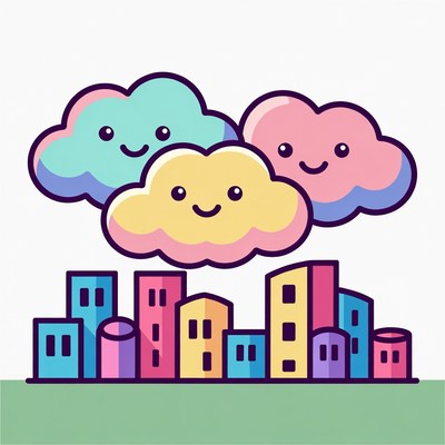 Cute Clouds Over Colorful City Skyline