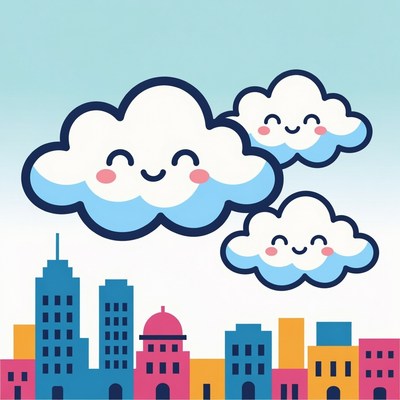 Cute Smiling Clouds Over City Skyline
