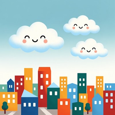Cute Smiling Clouds Over City Skyline