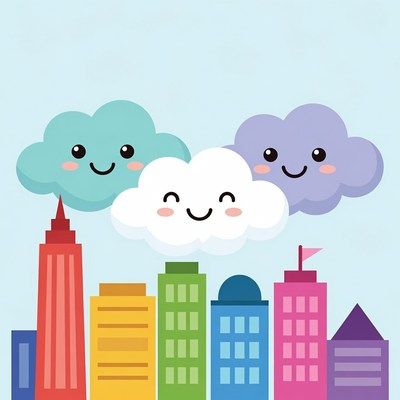 Colorful Smiling Clouds Over City Skyline
