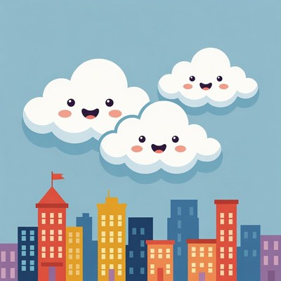 Cute Smiling Clouds Over City Skyline