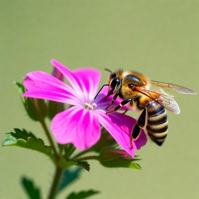 Honeybee Pollinating Pink Geranium Flower