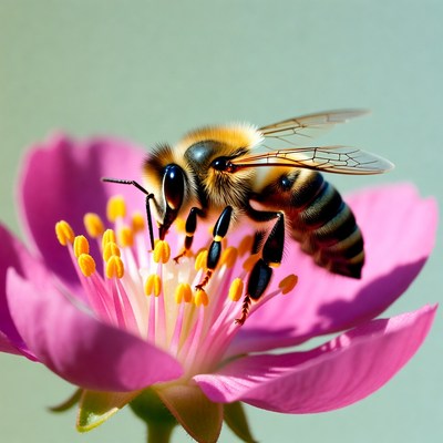 Honey Bee Pollinating Pink Flower