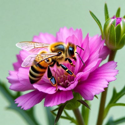 Honey Bee Pollinating Pink Flower