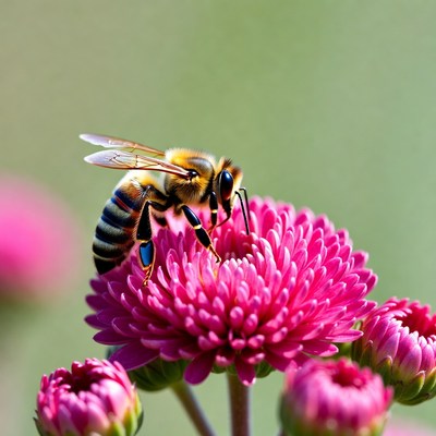 Honey Bee Pollinating Pink Flower