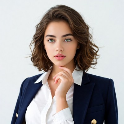 Woman in navy blazer touching chin