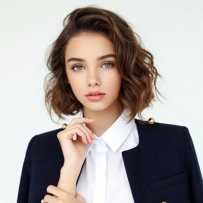Young woman in navy blazer touching chin