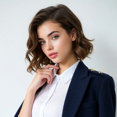 Woman in navy blazer touching chin