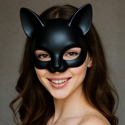 Woman smiling in black cat mask