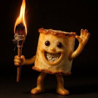 Cartoon croissant holding flaming torch