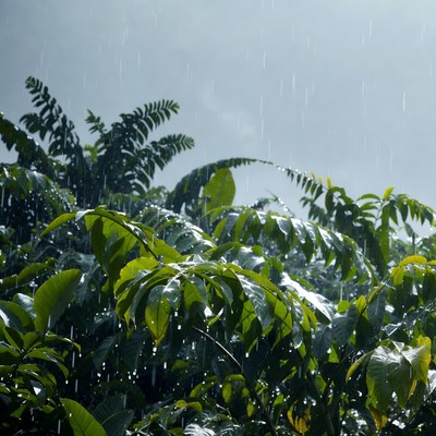 Rain falling on tropical green leaves