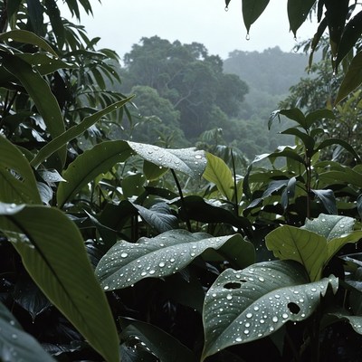 Rain droplets on jungle leaves