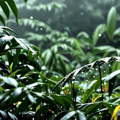 Rain droplets on tropical leaves