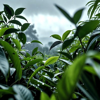 Rain droplets on green leaves