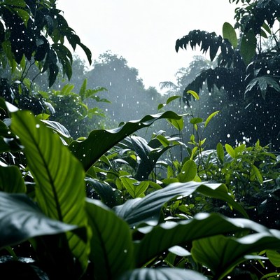 Rainy Jungle with Lush Green Leaves