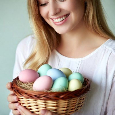 Blonde woman holding colorful Easter eggs