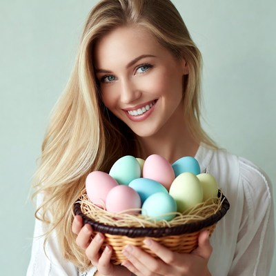 Blonde woman holding Easter eggs