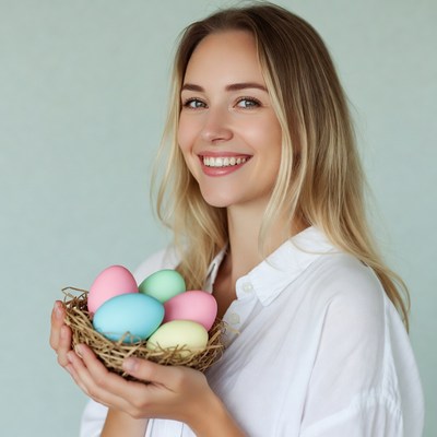 Woman holding colorful Easter eggs