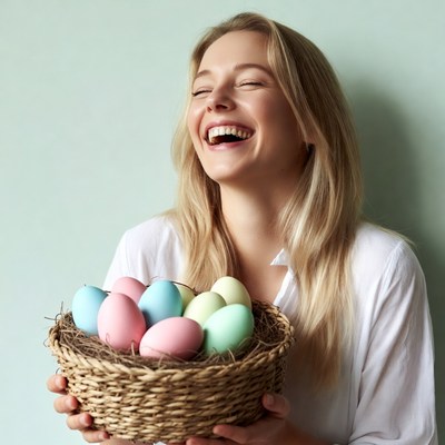 Blonde woman holding colorful Easter eggs