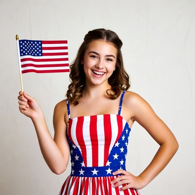 Girl holding American flag in patriotic dress