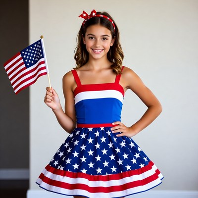 Girl holding American flag in patriotic dress