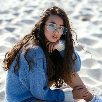 Woman in blue sweater on beach