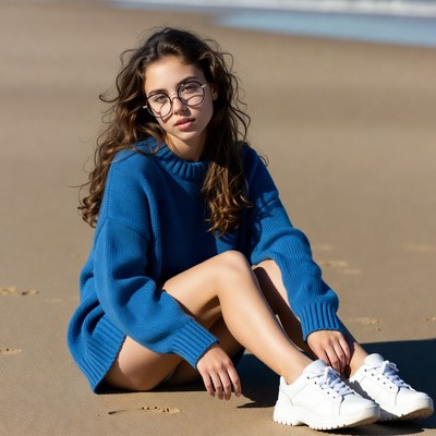 Woman in blue sweater sitting on beach