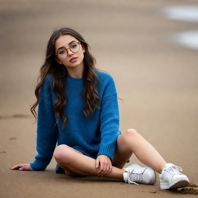 Teen girl in blue sweater on beach