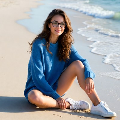 Smiling woman in blue sweater on beach