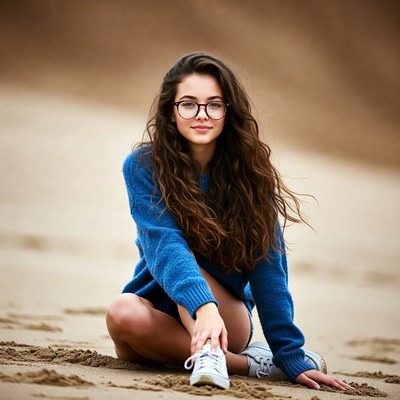 Brunette girl in blue sweater on sand