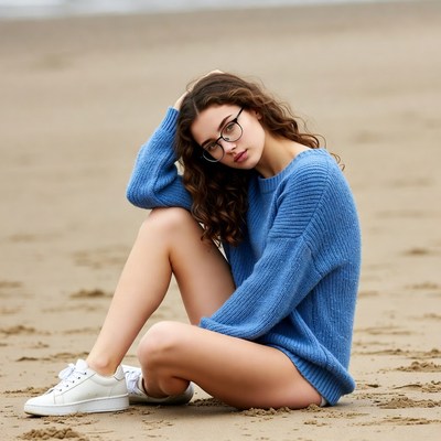Woman in blue sweater sitting on beach