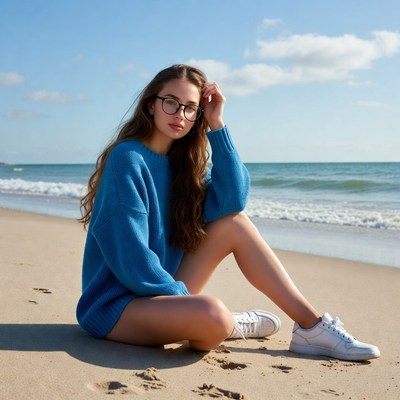 Young woman in blue sweater on beach