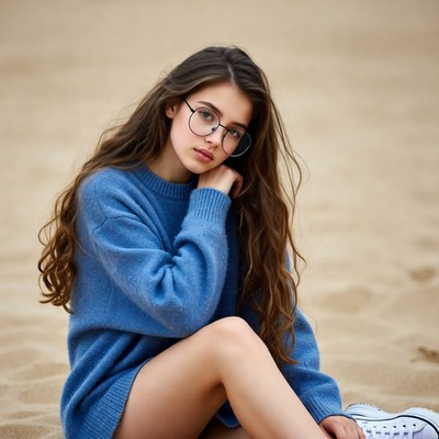Girl in blue sweater on beach sand