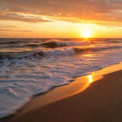 Sunset over ocean waves on beach