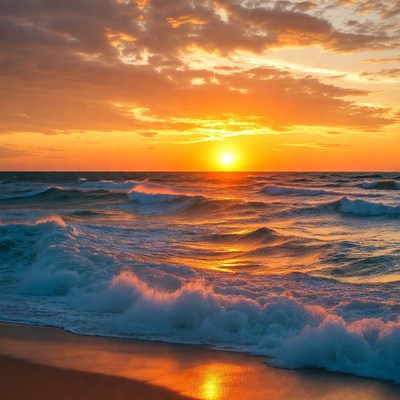 Sunset over ocean waves