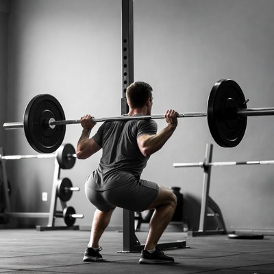 Man squatting barbell in gym