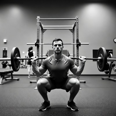 Man squatting barbell in gym