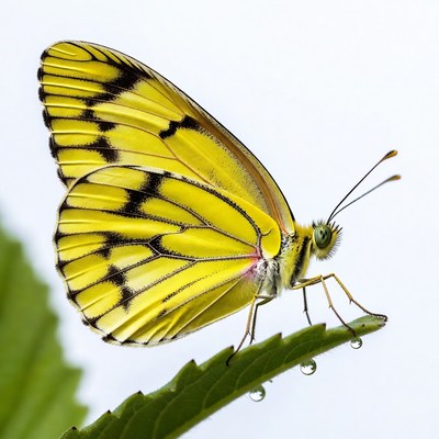 Yellow Butterfly on Leaf with Dew