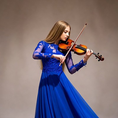 Woman playing violin in blue dress
