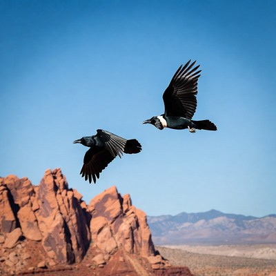 Two Magpies Flying Over Red Rocks