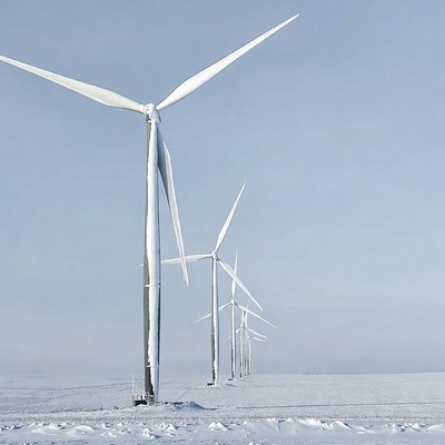 Snowy Wind Turbines in Winter Field