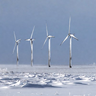 Wind Turbines Covered in Snow