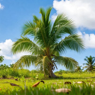 Tall Coconut Palm Tree in Grass Field