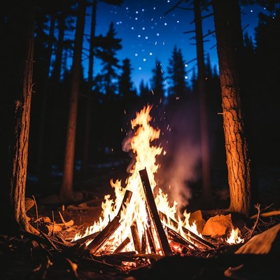 Campfire in starry forest night