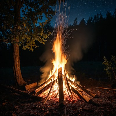 Campfire Burning Under Starry Night Sky