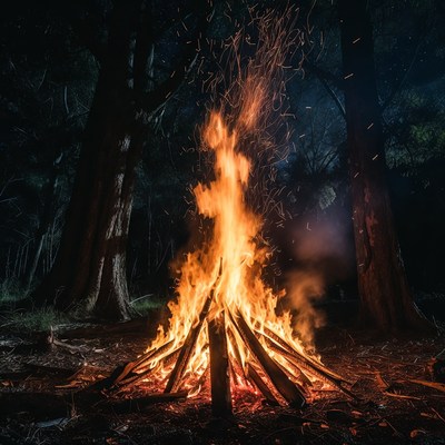 Campfire Burning in Dark Forest