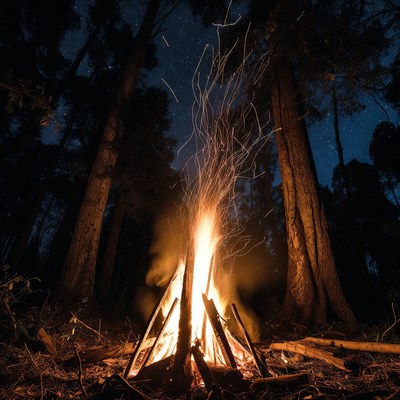 Campfire Burning in Forest at Night